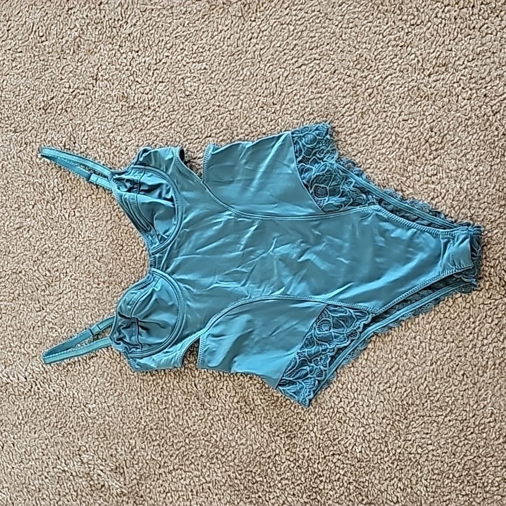 Out From Under A Little Spicy Bustier Lace Cutout Bodysuit Teal Size XS